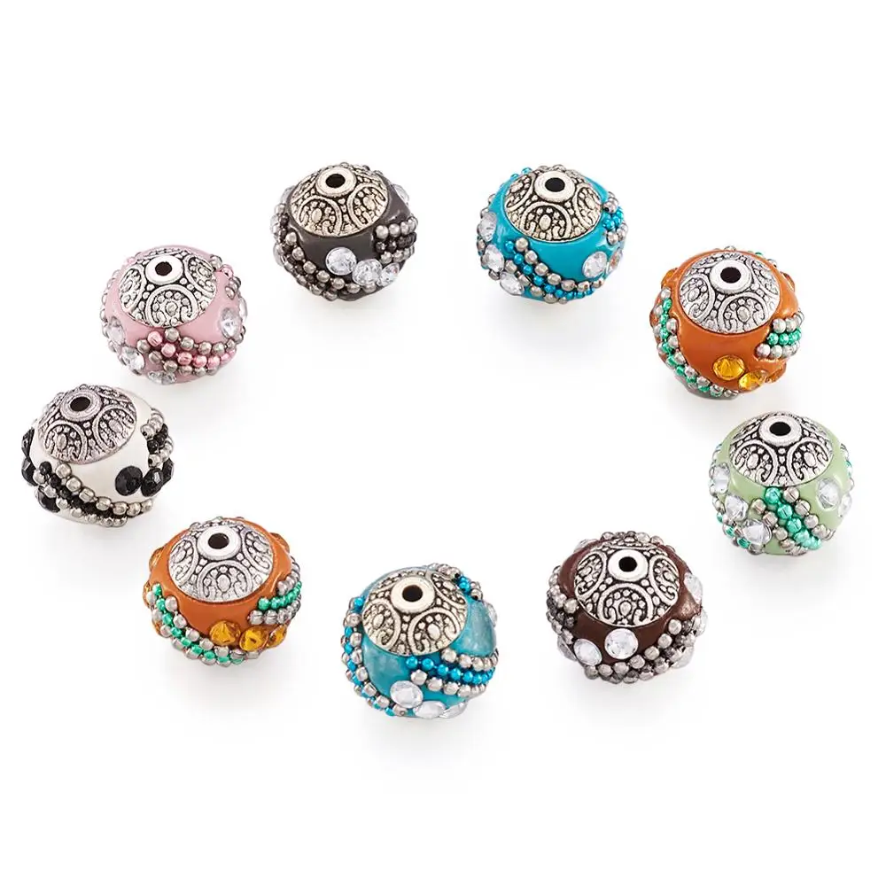 10pc 15mm Round Handmade Indonesia Beads with Rhinestones and Alloy Cores Metal Color Mixed Color for DIY Jewelry