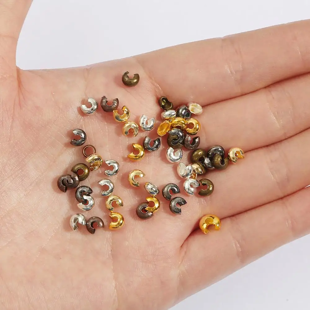 100Pcs 3/4/5mm Silver/Gold/Gunmetal/Rhodium/Bronze/Copper Plated Smooth Crimp End Beads Covers Jewelry Diy Component Wholesales