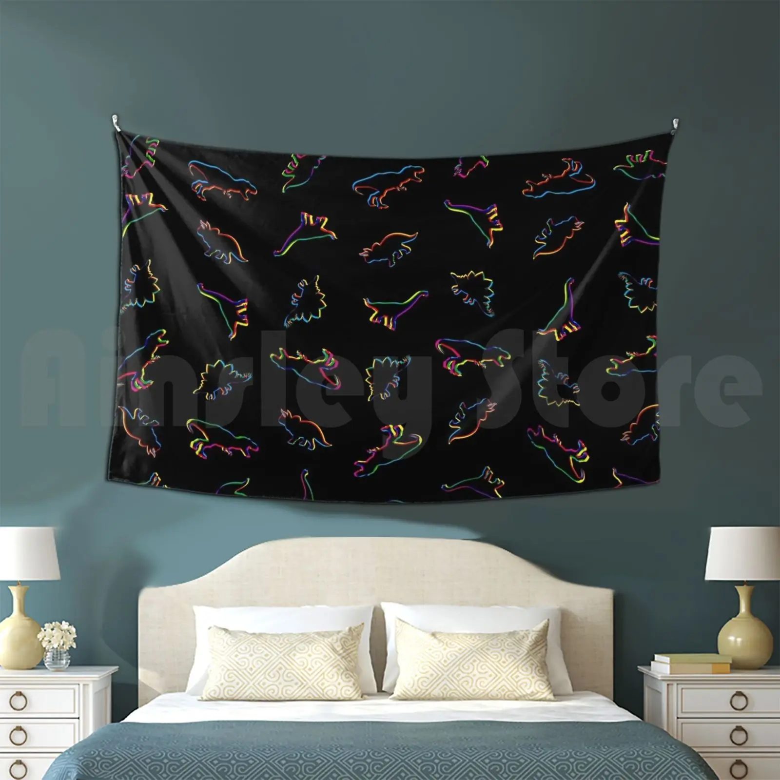 Cmyk Dinosaurs ( Black ) Customized Tapestry Dinosaur Herbivore Carnivore Dino T Rex Tyrannosaurus