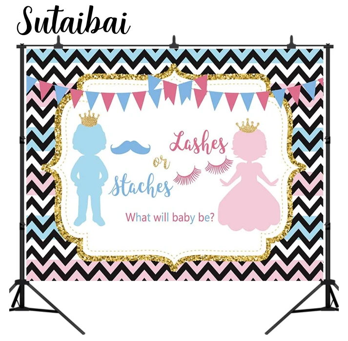 Lashes or Staches Gender Reveal Party Backdrop Pink or Blue Boy or Girl Baby Shower Photography Background Prince Princess Props