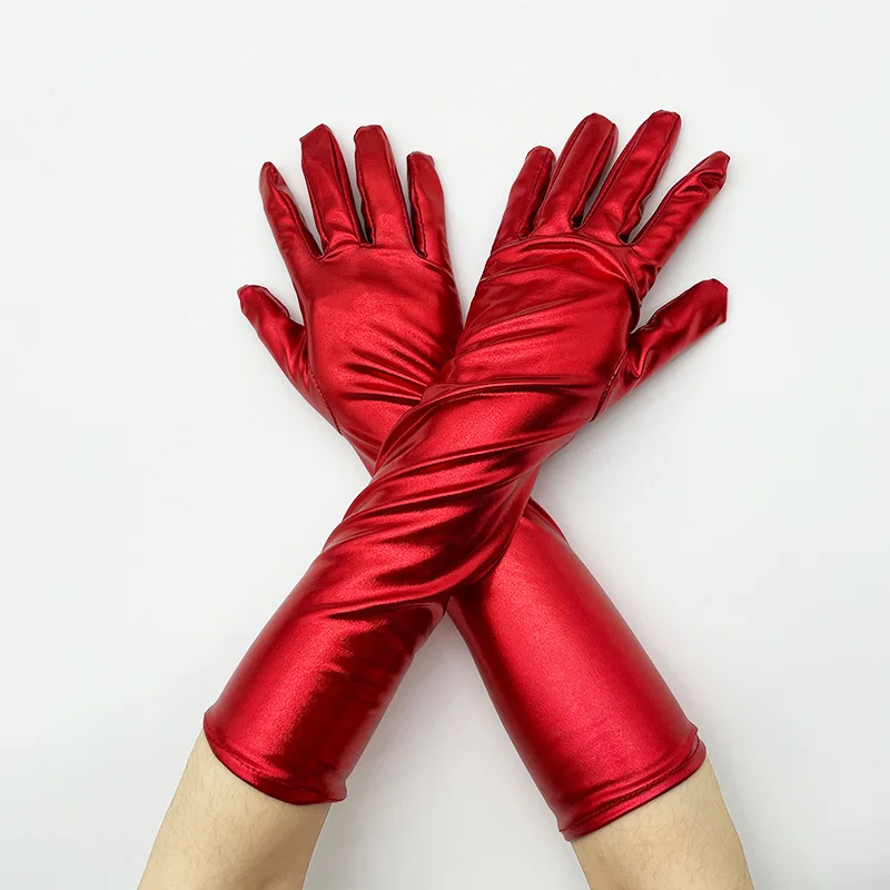 Guantes metálicos de cuero falso para mujer, manoplas sexys de látex, longitud hasta el codo, para fiesta de noche, color dorado y plateado