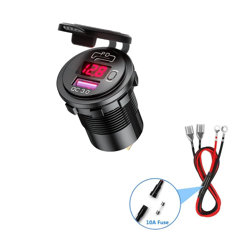 

PD Type C USB Car Charger Switch QC 3.0 Quick Charger Waterproof 36W Charger Power Delivery Voltmeter With 10A Fuse 60cm Cable