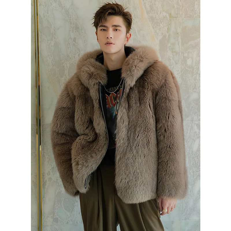 Fur coat Men's new fox fur short jacket autumn/winter warm wool coat men's leather hooded casual jacket