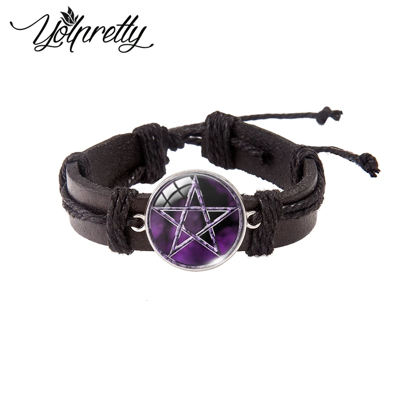 Occult Wiccan Pentagram Lace-up Leather Bracelet Glass Cabochon Charm Pendants Jewelry for men