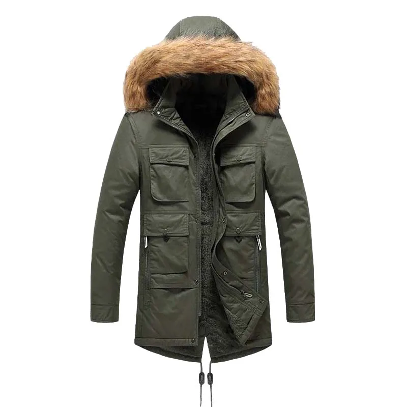 

Men's Winter Jacket Fur Hooded Warm Coat Mid Long Windbreaker Male Autumn Thick Down Cotton-Padd Thermal Parka