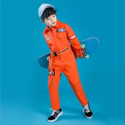 Kids Long Sleeve Hip Hop Clothing Blue Red Loose Jumpsuit Overalls for Girls Boys Jazz Dance Costumes Dancing Clothes Wear