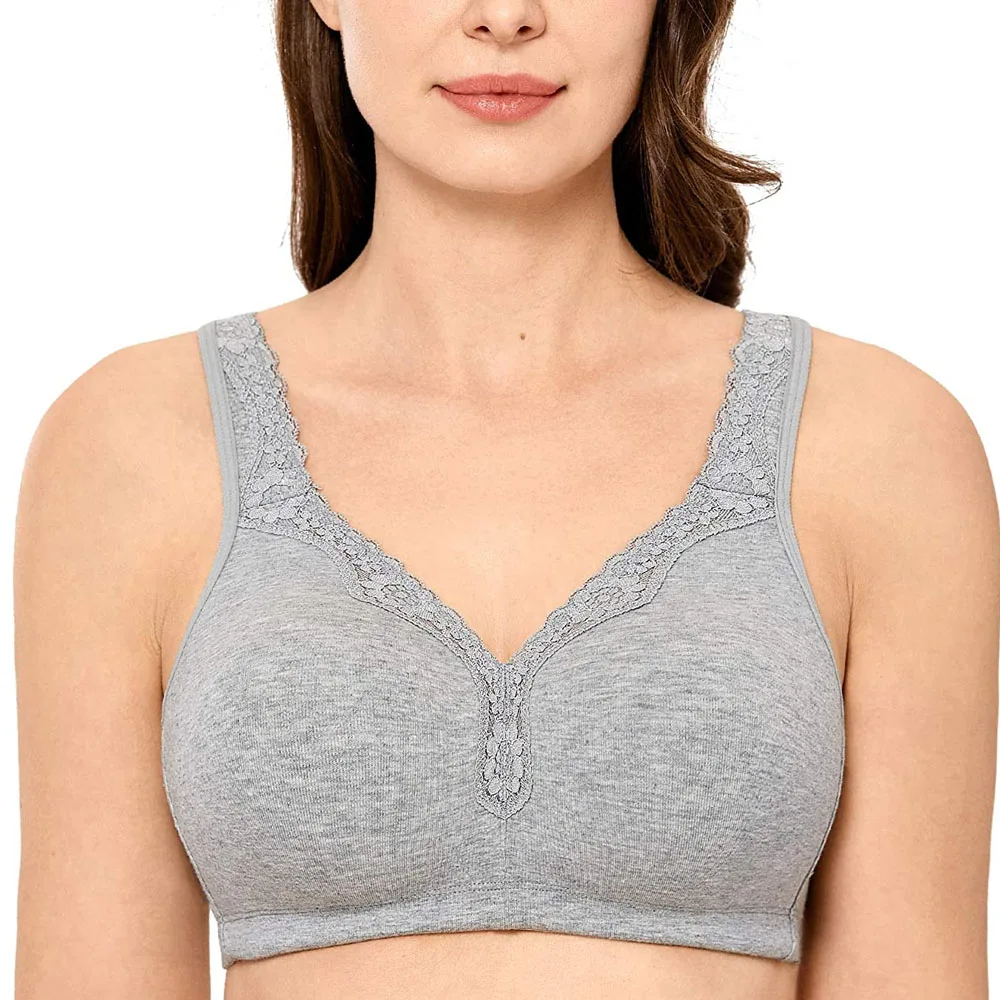 Wire free Non Padded Lace Trim Plus Size Wirefree Cotton Bra Women Soft Cup Sleeping Underwear Minimizer Bra C D E F G H I