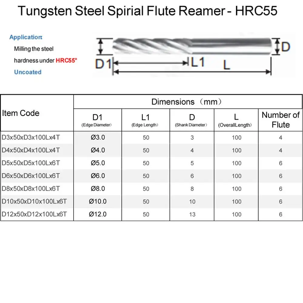 MZG  1PCS HRC55 6 Flute Spiral Flute CNC  4 5  6 8 12 mm Lathe Machining Carbide Milling Tungsten Steel Milling Cutter Reamer