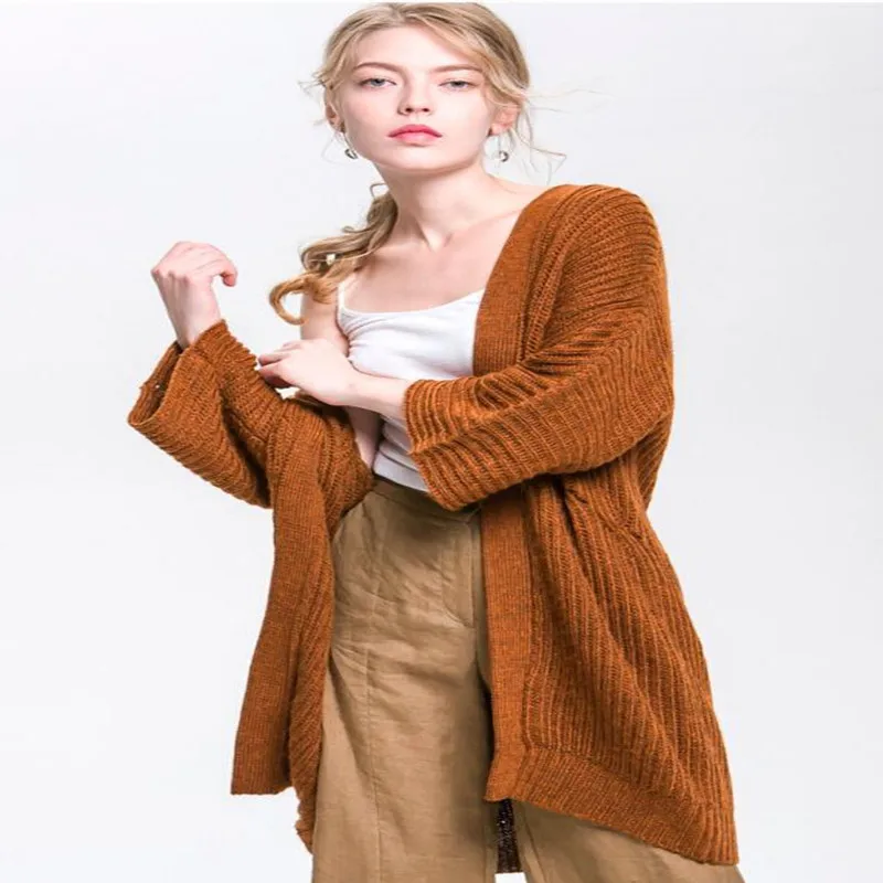 Autumn European Style Solid Simple Fashion Cardigan Wool Sweater Long Loose Knitwear Coat CC-065