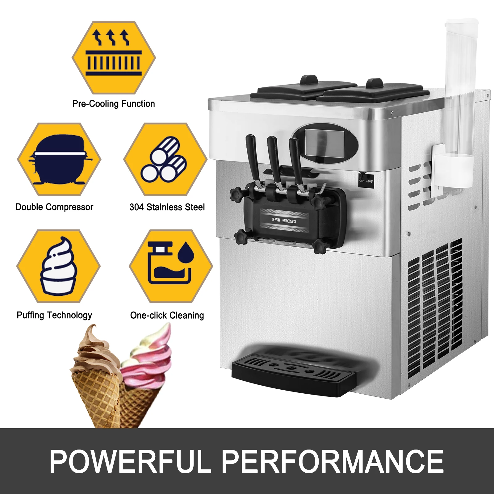 VEVOR 20-28L/H Soft Ice Cream Maker Commercial Countertop Tricolor 2+1 Flavors Sweet Cones Freezing Equipment Vending Machine