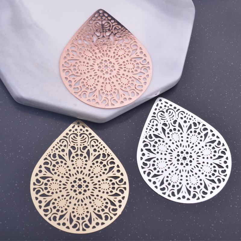 6pcs 38*49mm Rose gold Color Big Water drop Charms Silver plated leaf  Filigree Charm Earring Brass Pendant Jewelry DIY Earring