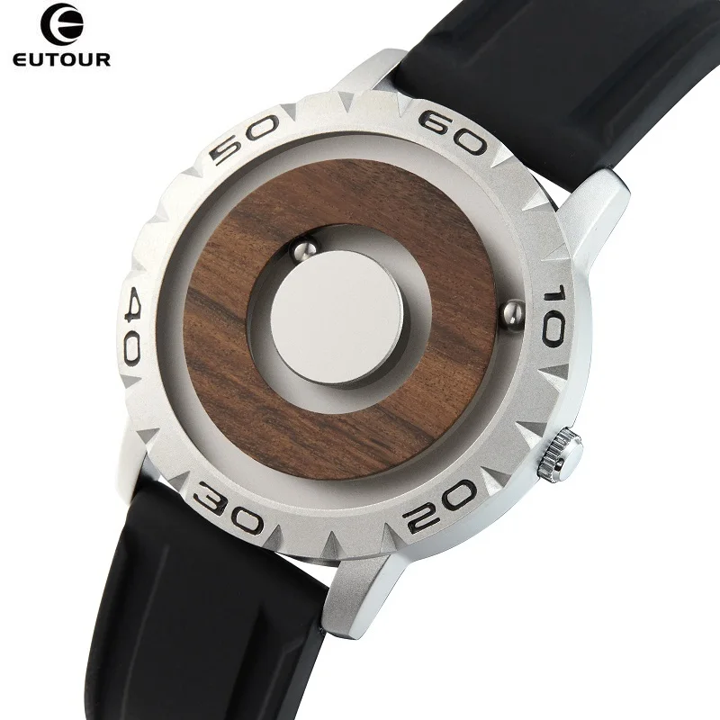 

New Wooden Quartz Men's Watch EUTOUR E031 Magnetic Ball Show Wristwatches Silicone Strap Watch Men Touch to Get Time Clock Blind