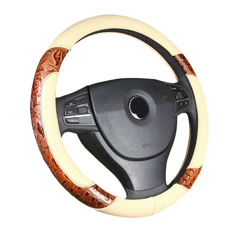 Car Steering Wheel Cover Racing Wood shavings Carving 35/36/37/38/39/40cm Leather For BMW/Honda/AUDI/Ford/Toyota/volkswagen