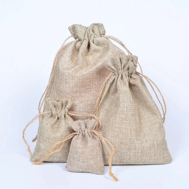 50pcs/lot Natural Burlap Linen Jute Drawstring Gift Bags Party Favors Packaging Bag Wedding Candy Gift Bags Party Supplies