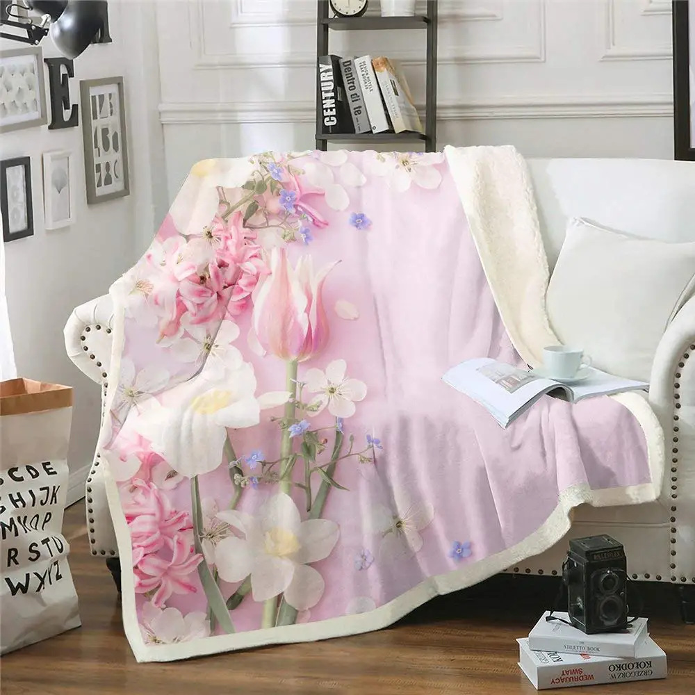 White Pink Sherpa Throw Blanket Healthy Life Modern Throw Blankets for Couch, Sofa Bed Living Room Flower Rose Bloom Flannel