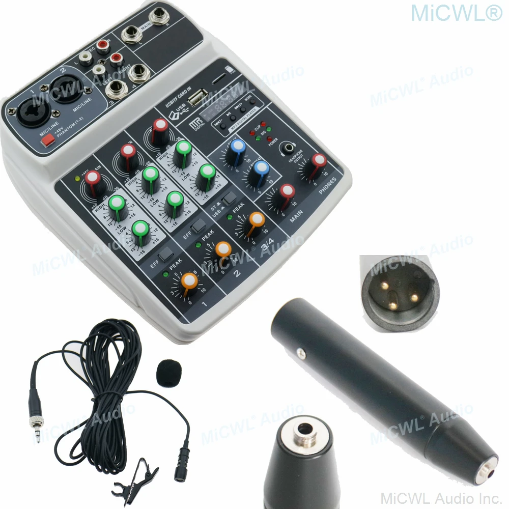 

MiCWL 10m Phantom Power Lavalier Microphones with Mixer 4 Channel Sound Mixing Console 2 XLR 3Pin 2 6.35mm Input