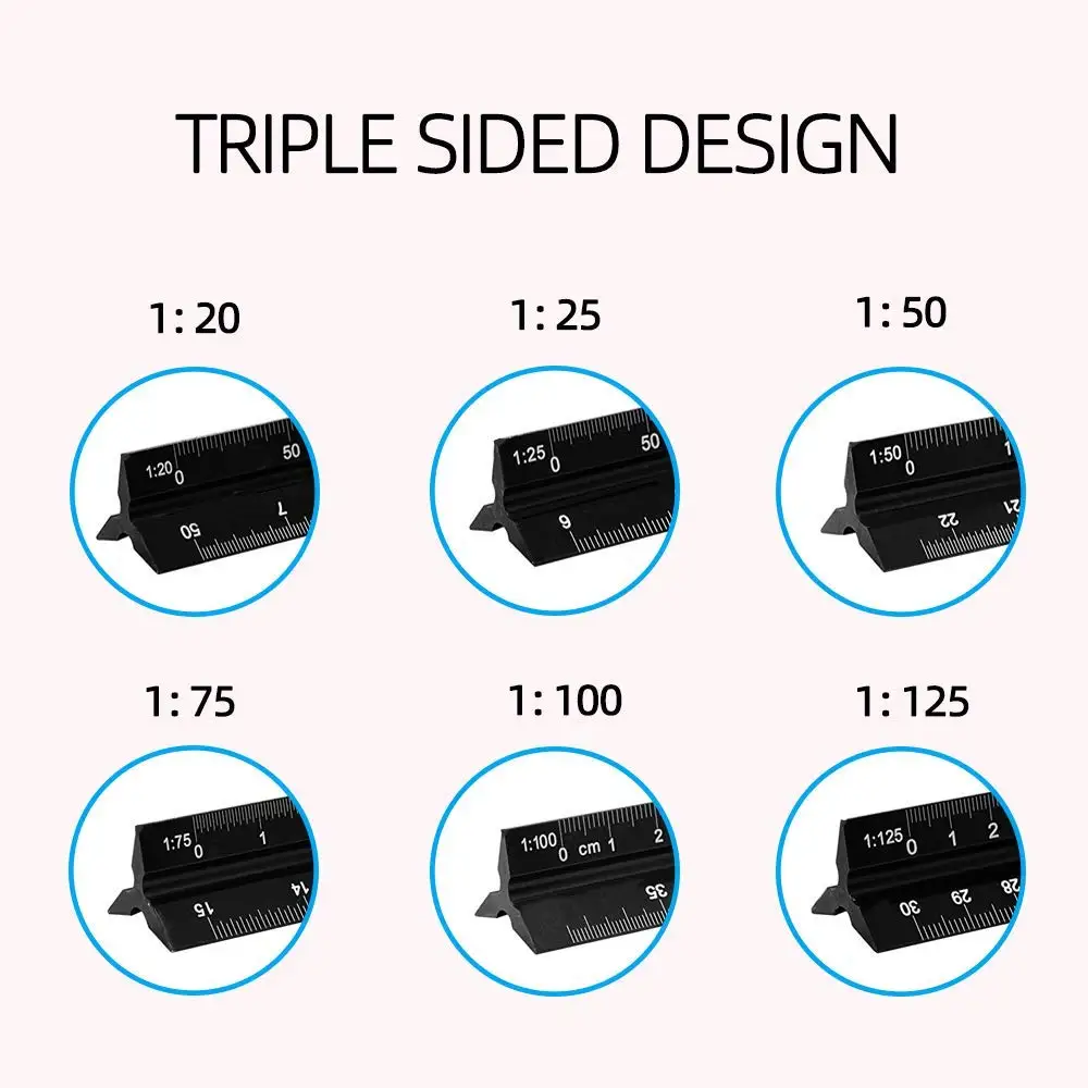 Laser Etched Aluminum Architect Triangular Ruler 30CM Metal Scale Rulers For Architects Engineer Students Draftsman (Black)