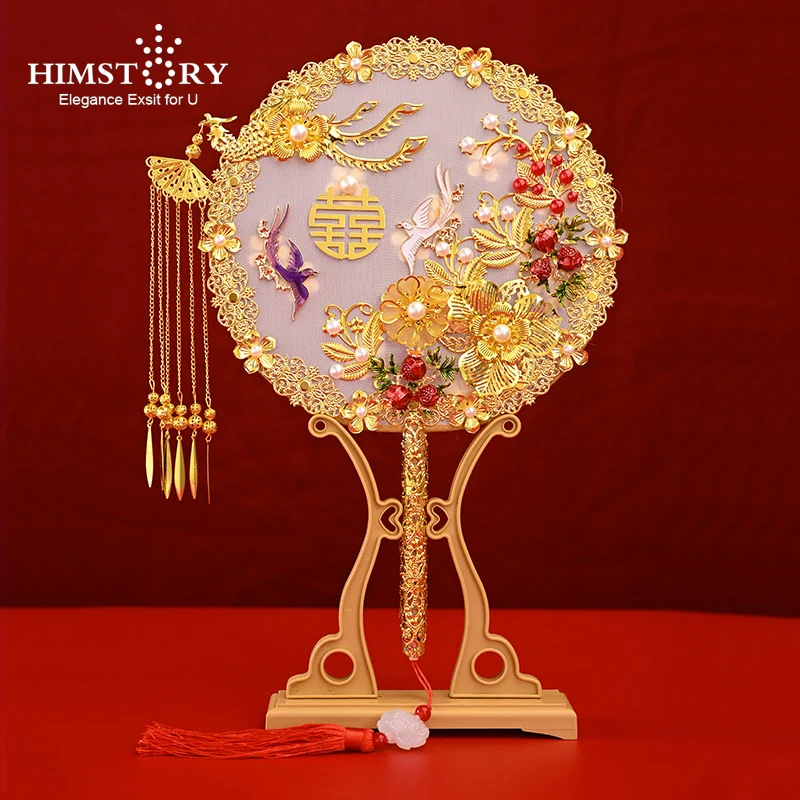 HIMSTORY 2021 New Designs Chinese Vintage  Bride Marriage Round Silk Fan Traditional Fly Together Dress Fan for Wedding Dance