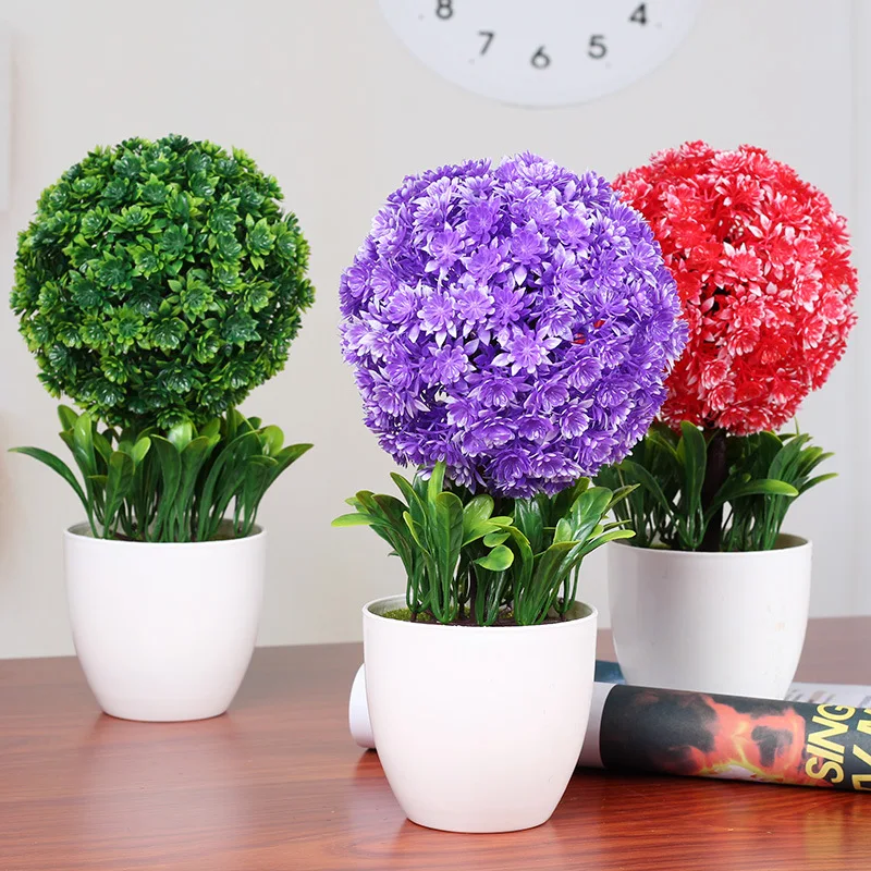 Artificial Flower Potted Set Desktop Fake Plants Bonsai Plastic Vase Fake Flower Wedding Christmas Decoration for Home Gift