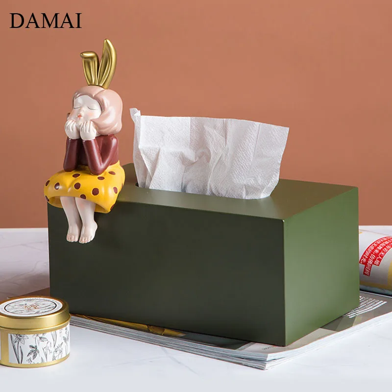 Bunny Girl Decorative Tissue Boxes Resin Seat Type Flat Paper Tube Dining Table Desktop Napkin Holder Home Decoration Modern