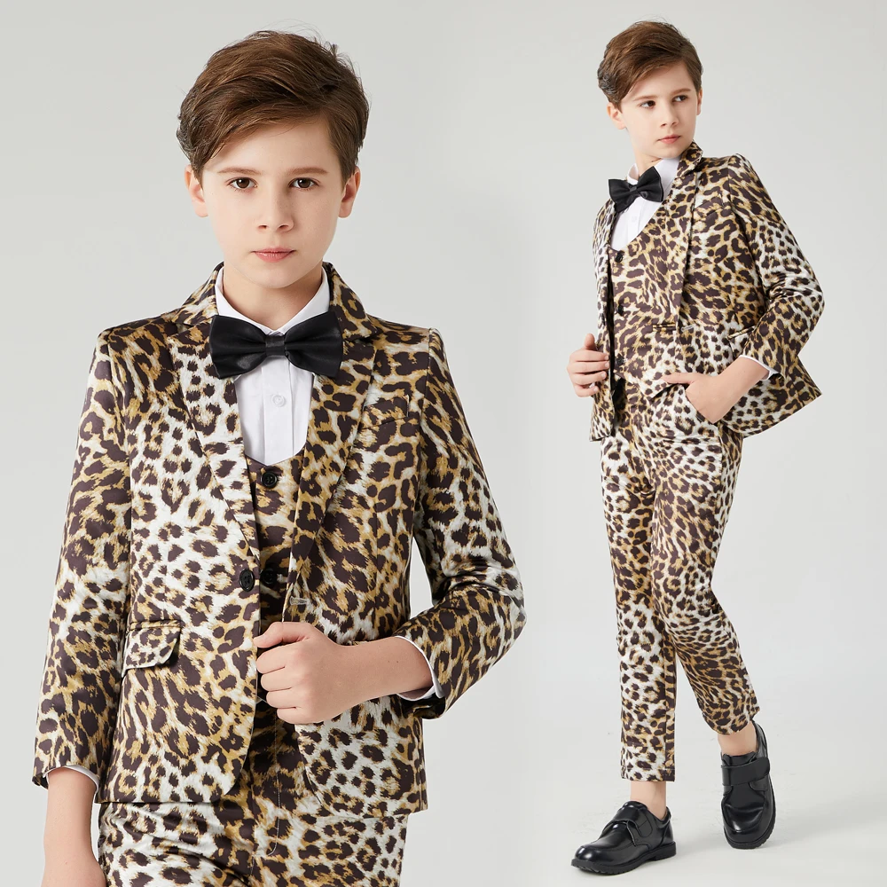 Boys Formal Wear 3 PCS Kids Suits for Wedding Blazer Vest Pants Children's Costume Dress Children's leopard print suit