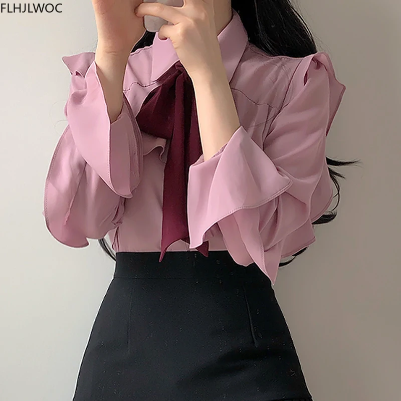 Ruffled Bow Tie Top Autumn Basic Office Lady Work Wear Flare Sleeve Cute Women Single Breasted Button Solid White Shirts Blouses