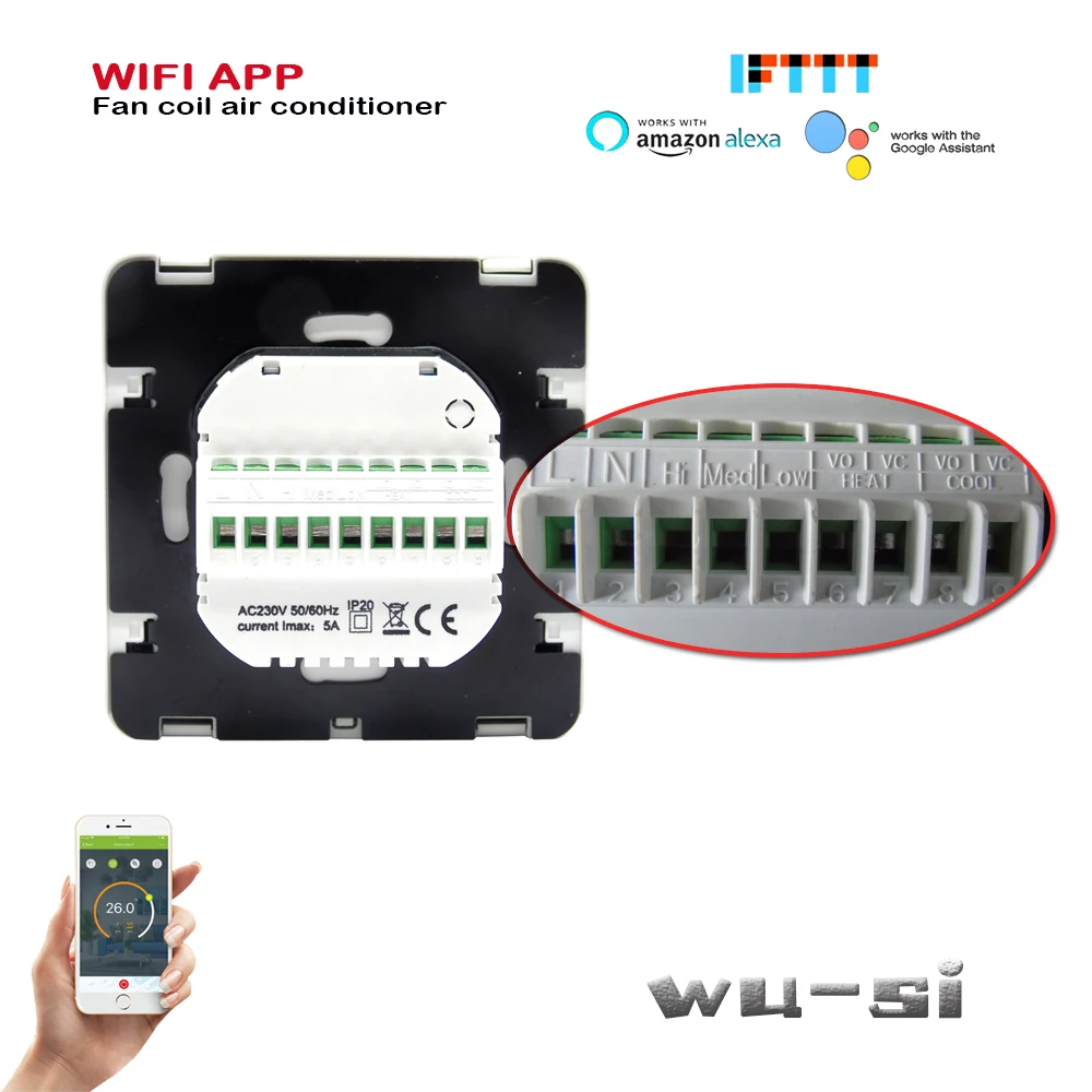 95~240VAC 2pipe 4pipe WIFI thermostat for fan coil unit work with Alexa google home