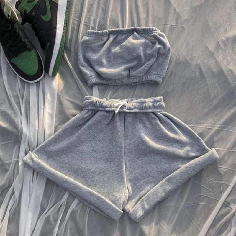 Women Summer 2 Pieces Romper Outfits Strapless Bandeau Tube Crop Top Drawstring Waist Shorts Set Solid Color Tracksuit