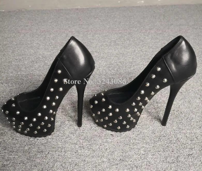 New Black Leather Rivets Platform Shoes Women Sexy Slip-on Stiletto Heel Pumps Lady Studded High Heels Dress Shoes Real Photos