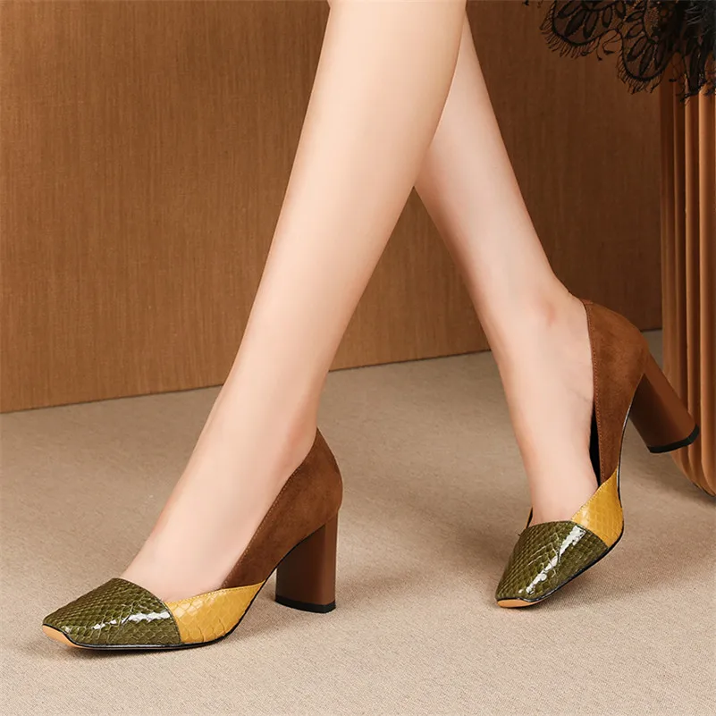 ANNYMOLI High Heels Women Pumps Natural Genuine Leather Thick High Heel Party Shoes Mixed Colors Square Toe Shoes Ladies Size 39