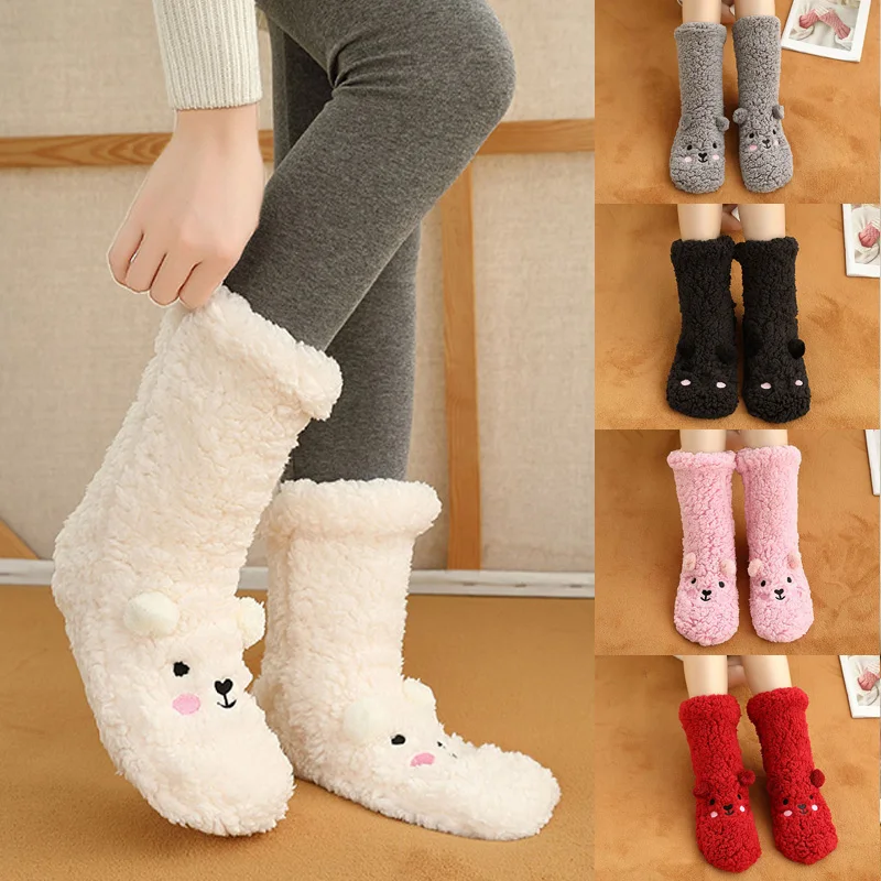 Women's Slippers Cute Christmas Socks Woman Anti-slip Floor Socks Winter Plush Home Slippers Mid-calf Hosiery For House Shoes