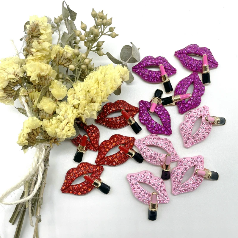 2Pcs Rhinestone Alloy Lipstick Button Red Pink Lips Accessories For DIY Crafts Headwear Brooch Pin Badge Bag Clothing Decoration