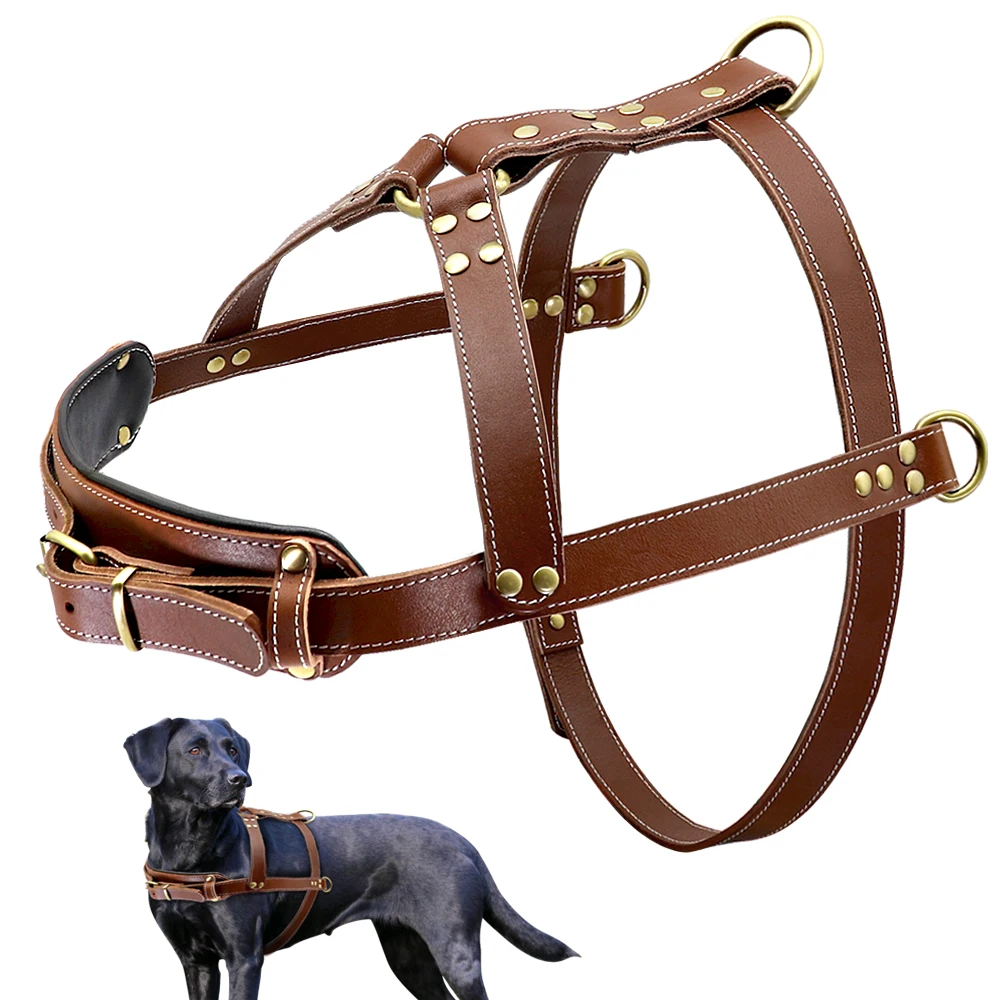 Soft Leather Dog Harness Brown Genuine Leather Medium Large Dog Harnesses Adjustable for Pitbull Alaskan Walking Training