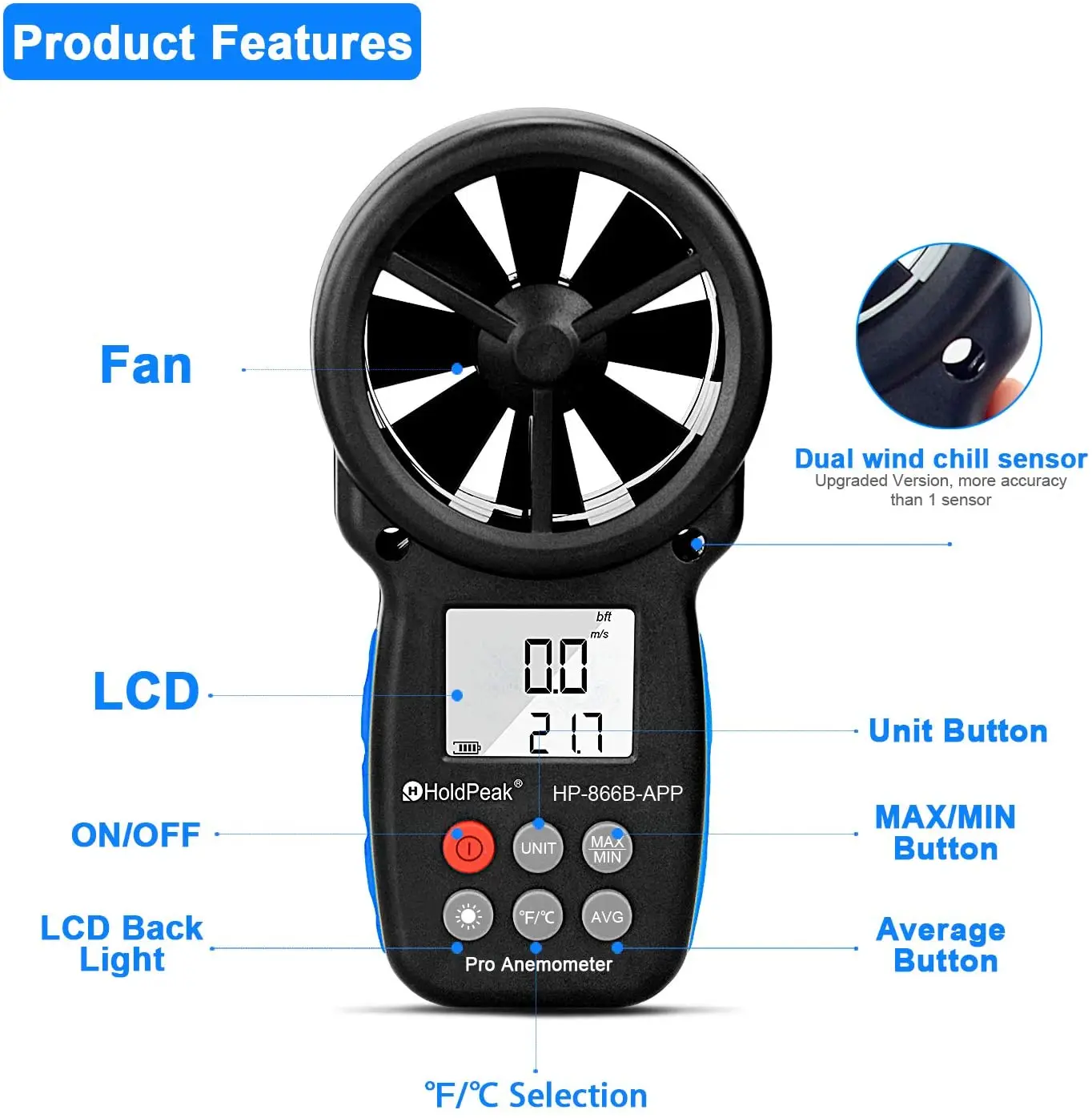 HoldPeak HP-866B-APP Digital Anemometer 0.3~30m/s With Mobile APP Wind Speed Measurement Meter Measure Temperature Tester tools