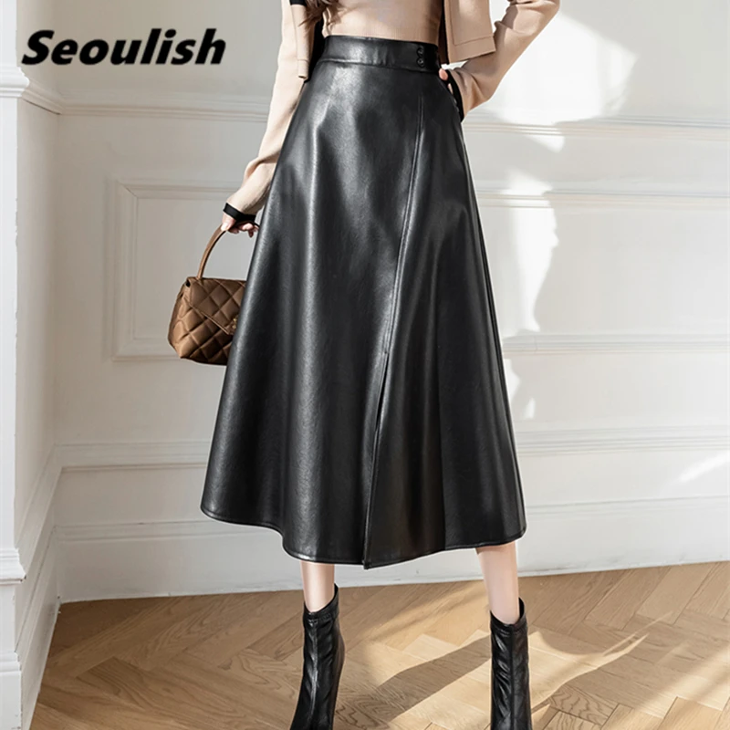 

Seoulish New Black PU Faxu Leather Women's Long Skirts Elastic High Waist Vintage Umbrella A-Line Skirts Female Autumn Winter