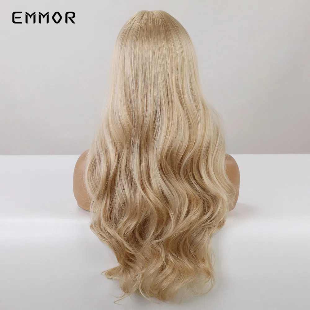 Emmor-Perruque Synthétique Longue Blond Clair avec Frange pour Femme, Cheveux Ondulés Naturels, Haute Température, Moelleux, Cosplay, 03