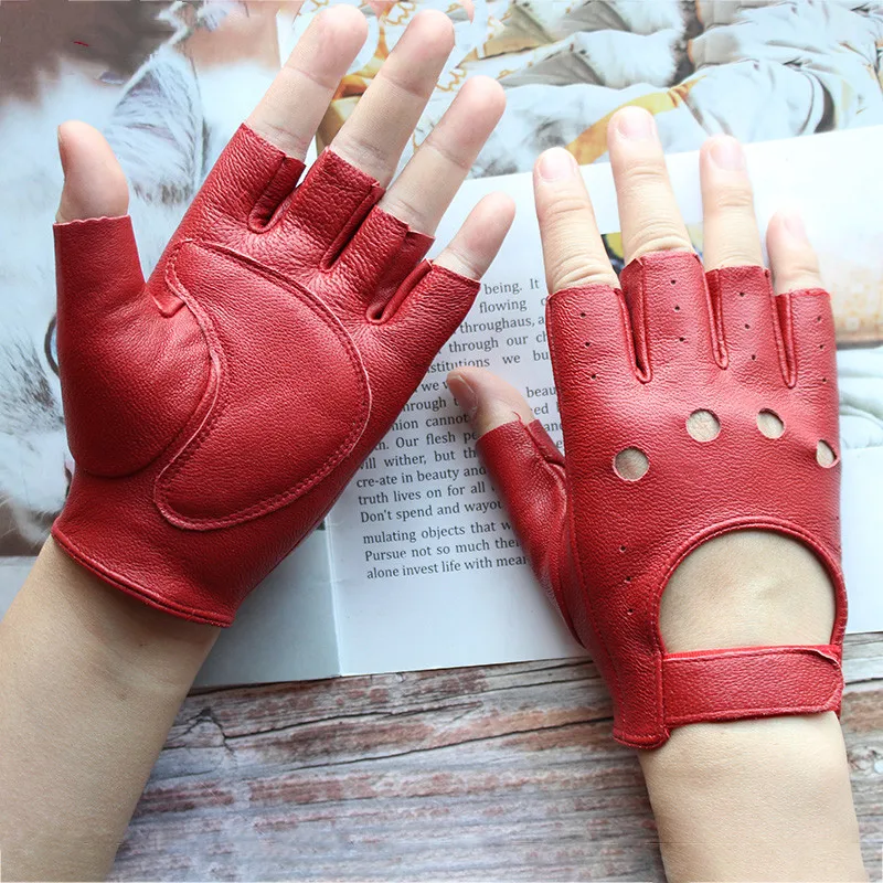 New Women\'s Sheepskin Half Finger Gloves Leather Single Layer Unlined Thin Hollow Fitness Driver Motorcycle Leather Gloves