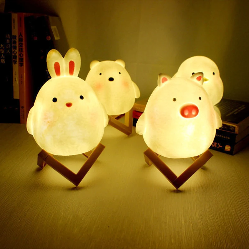 LED Night Light Cute Rabbit Bear Duck Bird Pig Night Light Children\'s Bedroom Bedside Light Button Battery Eye Protection Lamps