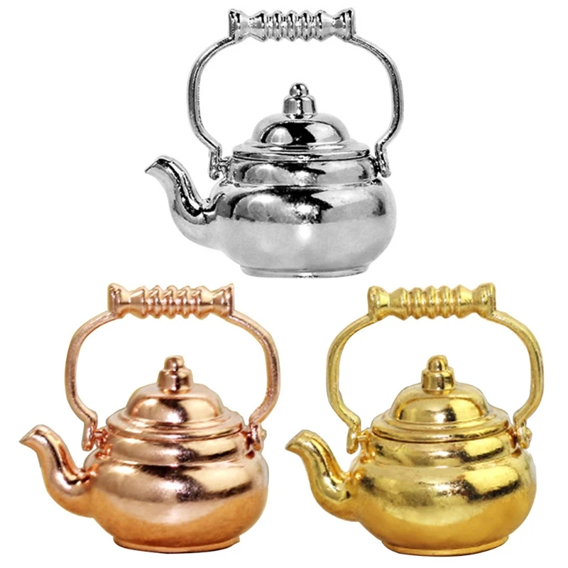 1:12/ 1:6 Miniature Teapot Tea Kettle Dollhouse Kitchen Food Accessories Dolls House Kitchen Furniture Teapot Rose Gold