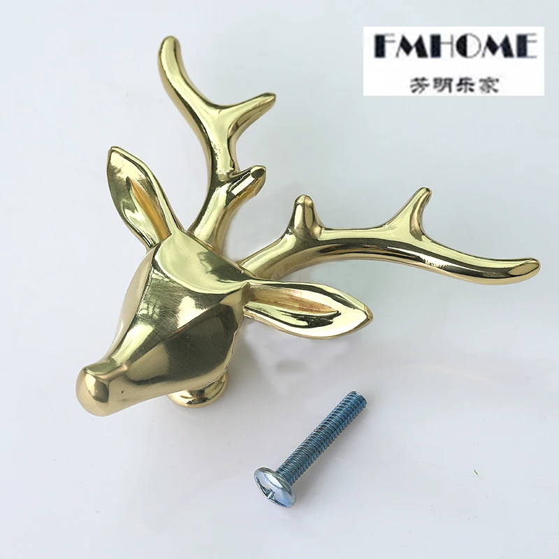 European Upscale luxury Creative solid yellow Brass Deer head furniture decoration handle Copper Drawer Cupboard Tv Cabinet Knob