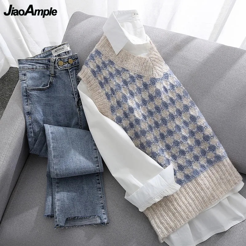 Women\'s Spring Autumn Fashion 3 Pieces Outfits 2024 Student Korean Casual Shirts+Sweater Vest+Straight Jeans Set Lady Streetwear