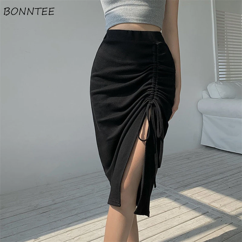 

Sexy Skirts Shirring Fashion Summer Asymmetrical Knee-length Women Mature Street Solid Black Slim Empire Leisure Cozy Feminine