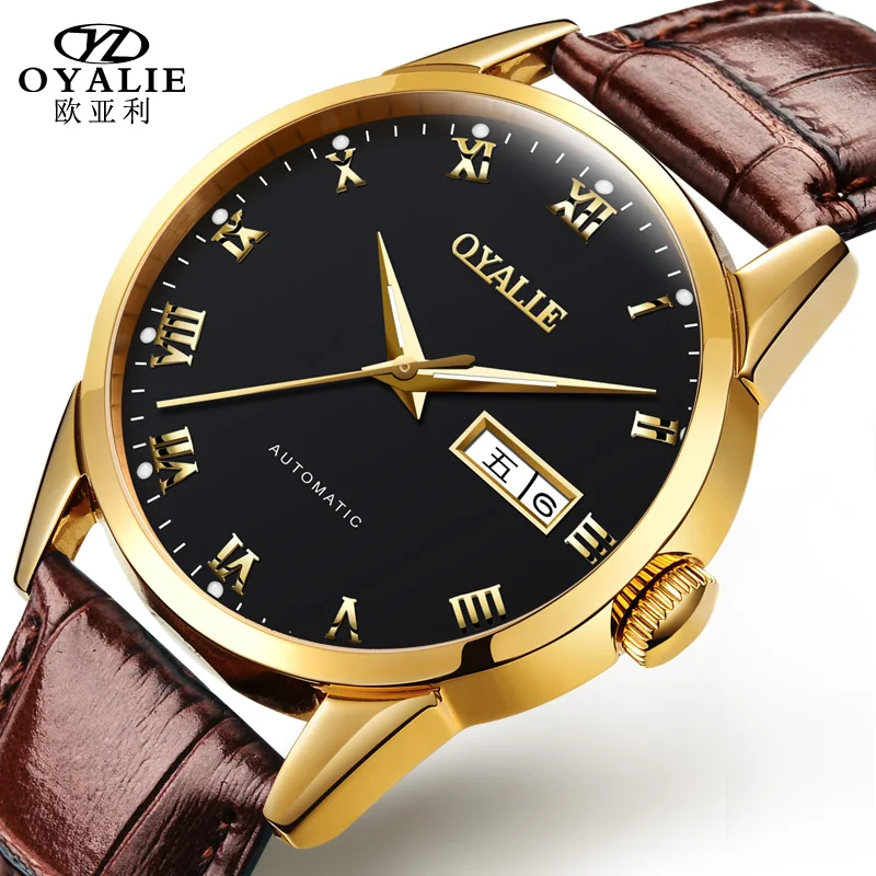 Double Calendar Automatic Mechanical Watch Simple Waterproof Watches for Men with True Leather Belt or Steel Belt Night Light