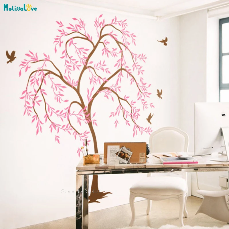 Custom Colors Large Tree Wall Sticker Decals With Birds Large Tree In The Wind Art Murals Nursery Décor Kids Baby Room YT2425