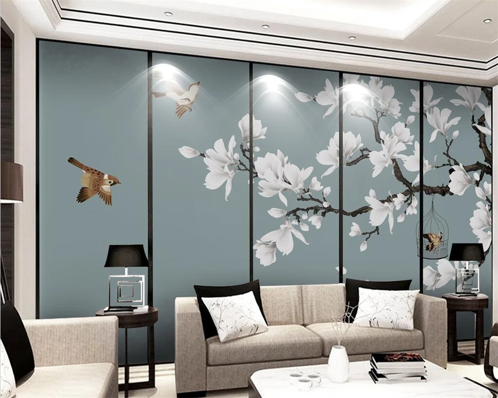 

welyu Customized 3d mural new Chinese hand-painted meticulous flower and bird white magnolia TV background wall living room обои