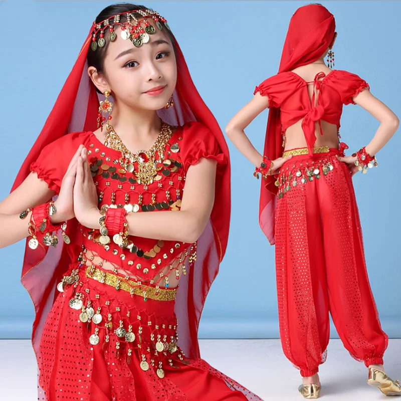 New Kids Bollywood India Belly Dance Costumes Set Oriental Bellydance Girls Dancer Top Bandage Dresses Hip Scarf Coin Clothes