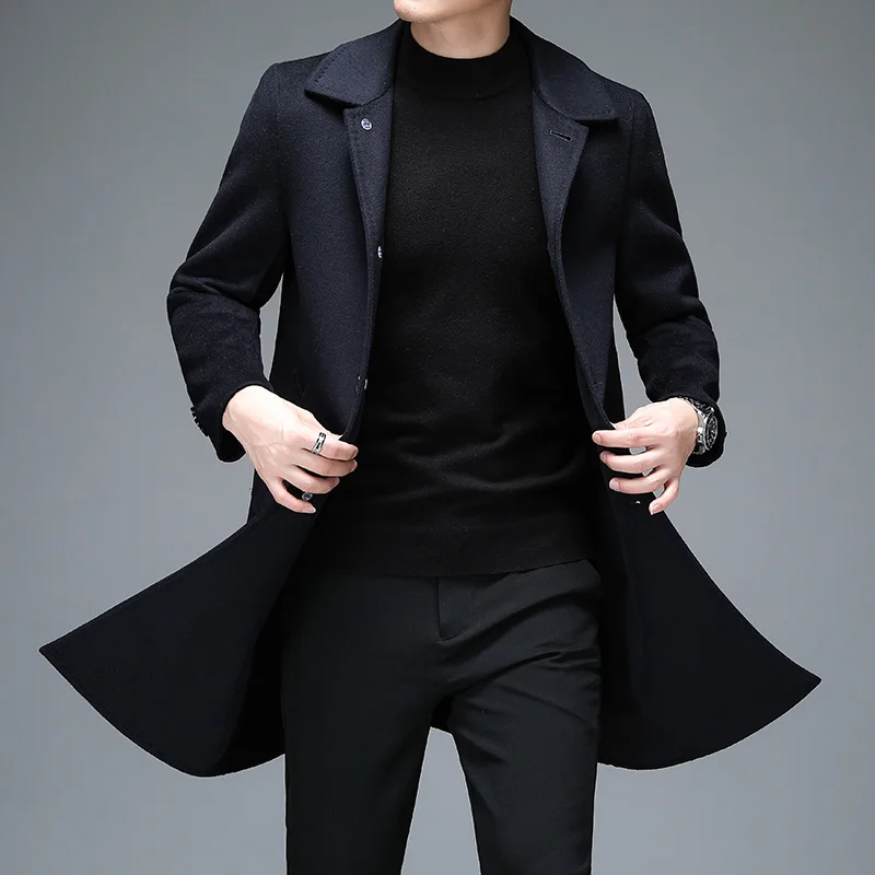 British Style Men Elegant Wool Coats Autumn Winter Black Gray Single-Breasted Sheep Woolen Blend Overocat Male Business Outfits