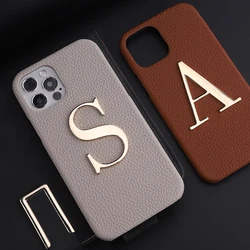 Personalized Genuine Leather Phone Case with Customized Initials Name Metal Letter iPhone16 15 14Pro Max Plus 13 12 11ProMax