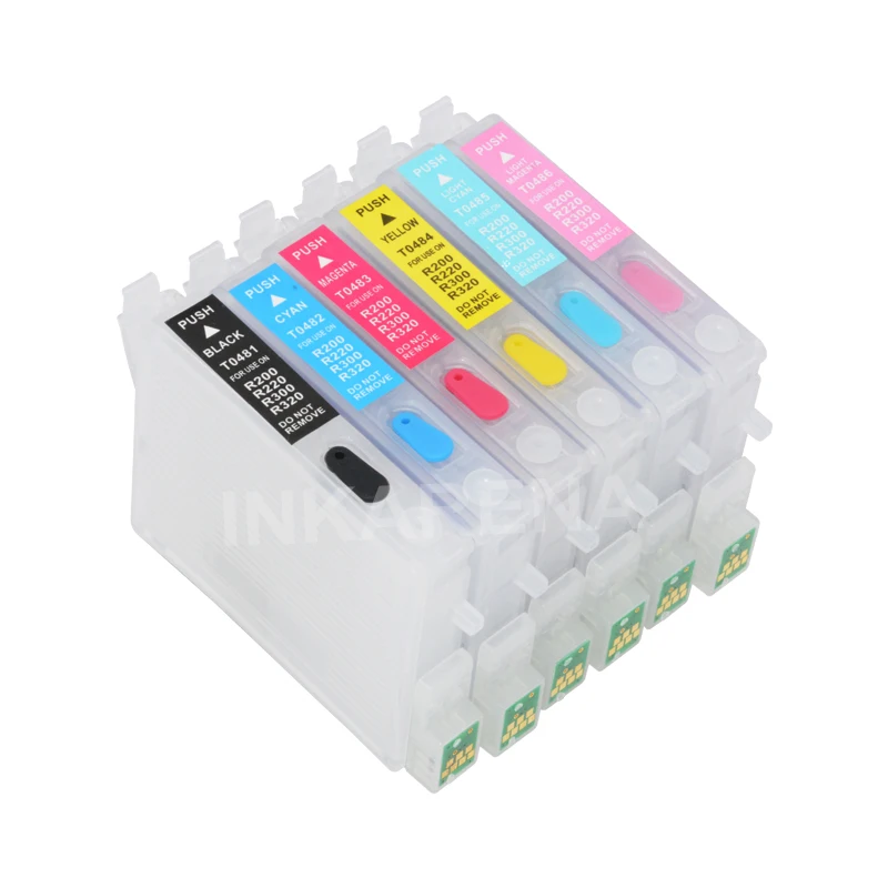 INKARENA T0481 - T0486 Ink Cartridge + 6×100ml Bottle Refill Ink Kit For Epson Stylus Photo R200 R220 R300 R300M R320 R340 RX500