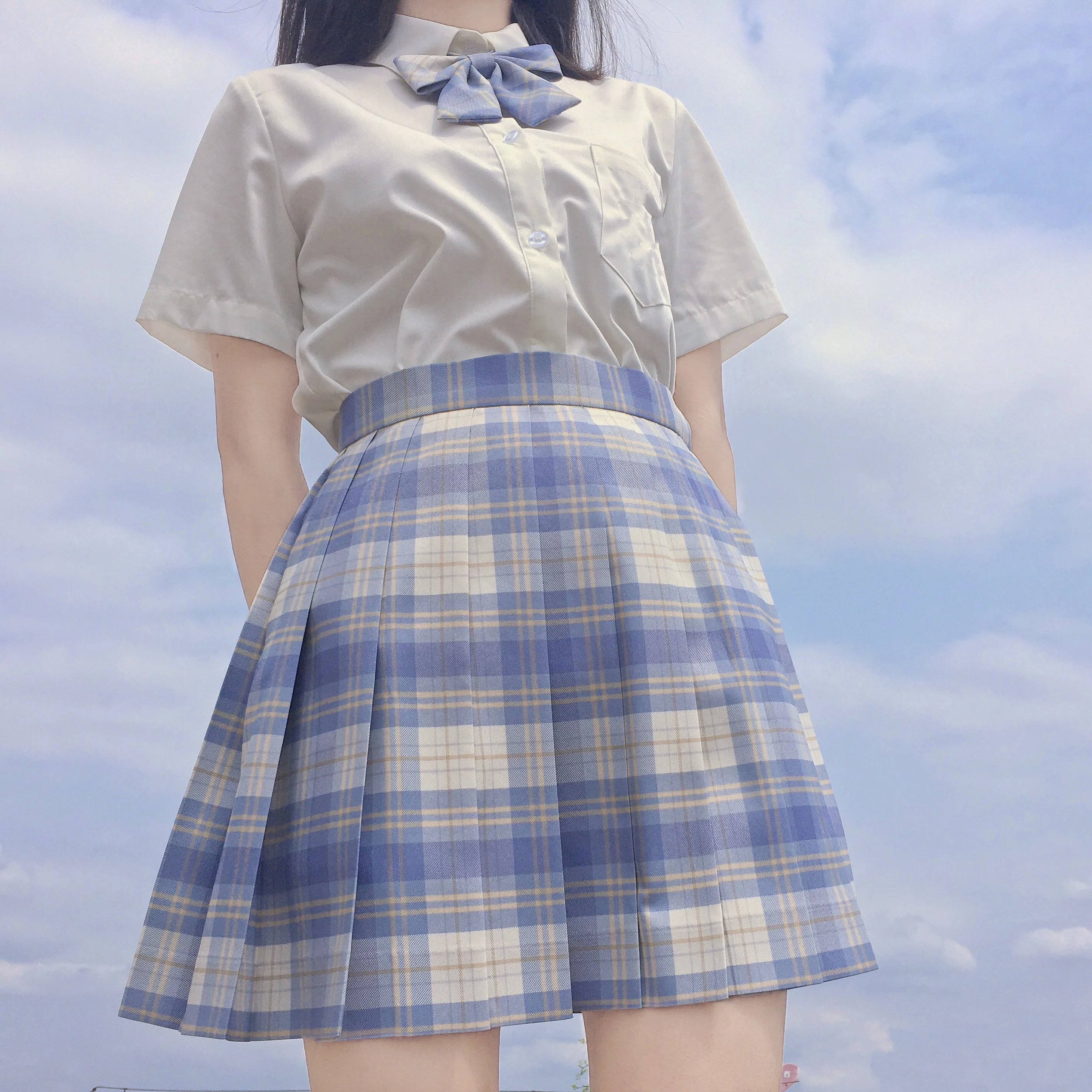 Faldas plisadas de cintura alta para niña japonesa, vestido a cuadros azules para estudiantes, uniforme escolar JK, helado